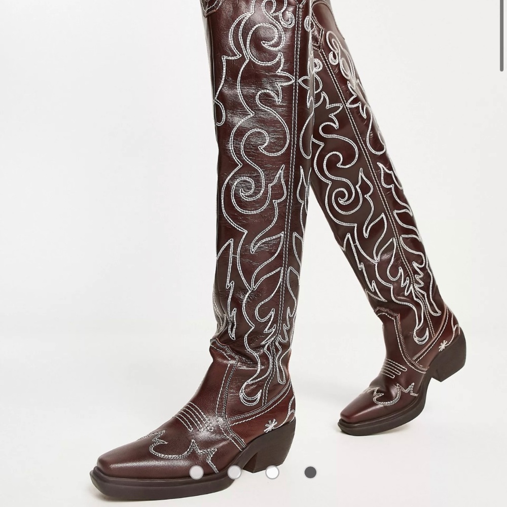 ASOS DESIGN Cuba premium leather swirl stitch western knee boot in brown